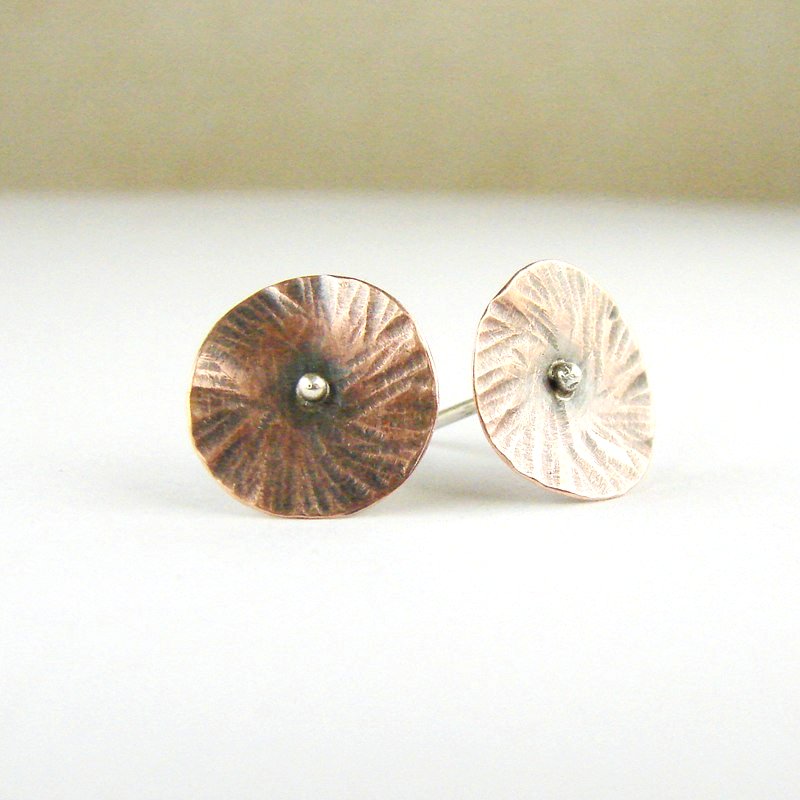 Delicate stud earrings . Small fowers . Copper and silver