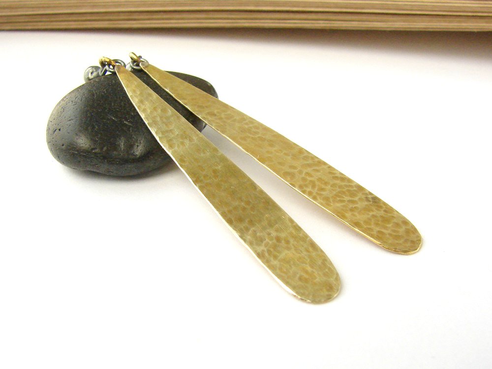 Gold brass . Long droplet earrings .