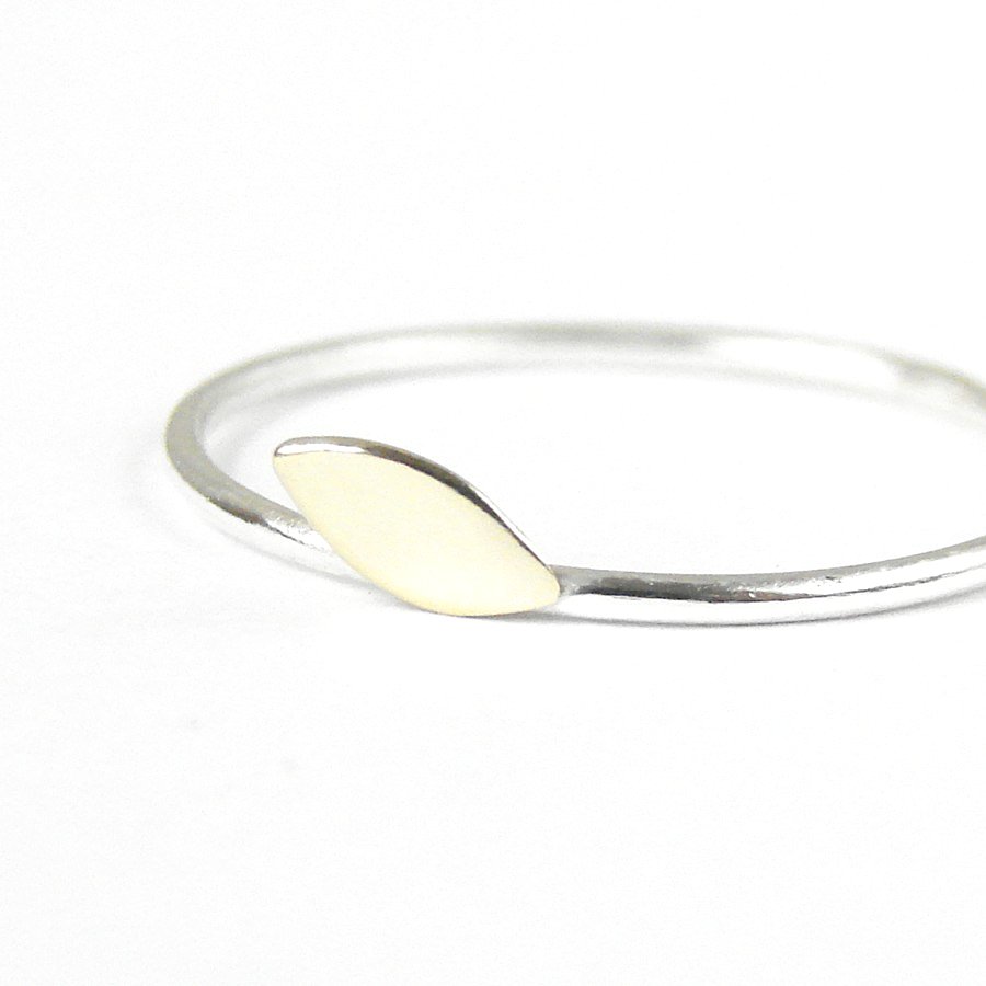 Simple minimalist ring. Gold brass leaf and silver band. Stacking ring.