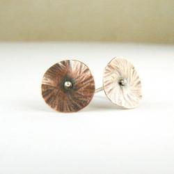 Delicate stud earrings . Small fowers . Copper and silver