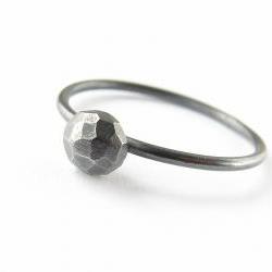 Oxidized silver ring . Black stacker with faceted nugget