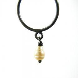 Delicate pearl ring . Oxidized sterling silver